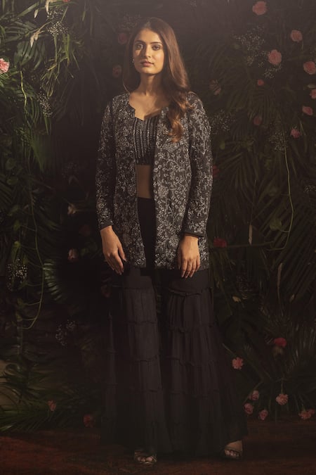 Shop Samatvam By Anjali Bhaskar Black Georgette Embroidery, Beads, Cut Work Round Neck Cara Jacket Sharara Set Online at Aza Fashions Shop_Samatvam By Anjali Bhaskar_Black Georgette Embroidery, Beads, Cut Work Round Neck Cara Jacket Sharara Set _Online_at_Aza_Fashions