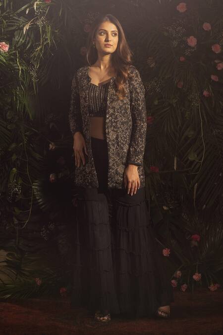Samatvam By Anjali Bhaskar Black Georgette Embroidery, Beads, Cut Work Round Neck Cara Jacket Sharara Set at Aza Fashions Samatvam By Anjali Bhaskar_Black Georgette Embroidery, Beads, Cut Work Round Neck Cara Jacket Sharara Set _at_Aza_Fashions