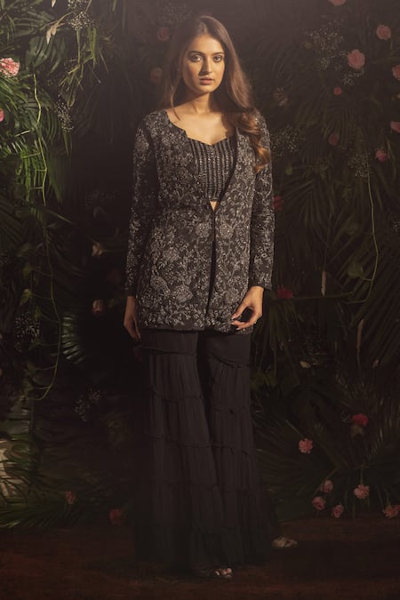 Buy Samatvam By Anjali Bhaskar Black Georgette Embroidery, Beads, Cut Work Round Neck Cara Jacket Sharara Set Buy_Samatvam By Anjali Bhaskar_Black Georgette Embroidery, Beads, Cut Work Round Neck Cara Jacket Sharara Set