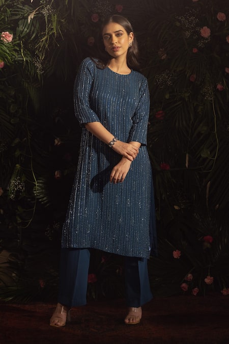 Samatvam by Anjali Bhaskar Blue Blended Georgette Embroidery Bead Round Neck Daisha Kurta And Pant Set