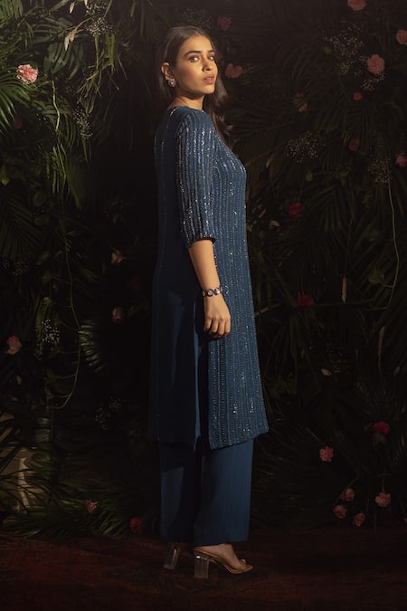 Shop Samatvam By Anjali Bhaskar Blue Georgette Embroidery Round Neck Daisha Kurta And Pant Set at Aza Fashions Shop_Samatvam By Anjali Bhaskar_Blue Georgette Embroidery Round Neck Daisha Kurta And Pant Set _at_Aza_Fashions