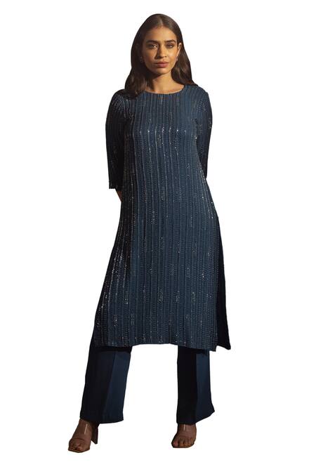 Samatvam By Anjali Bhaskar Blue Georgette Embroidery Round Neck Daisha Kurta And Pant Set Online at Aza Fashions Samatvam By Anjali Bhaskar_Blue Georgette Embroidery Round Neck Daisha Kurta And Pant Set _Online_at_Aza_Fashions