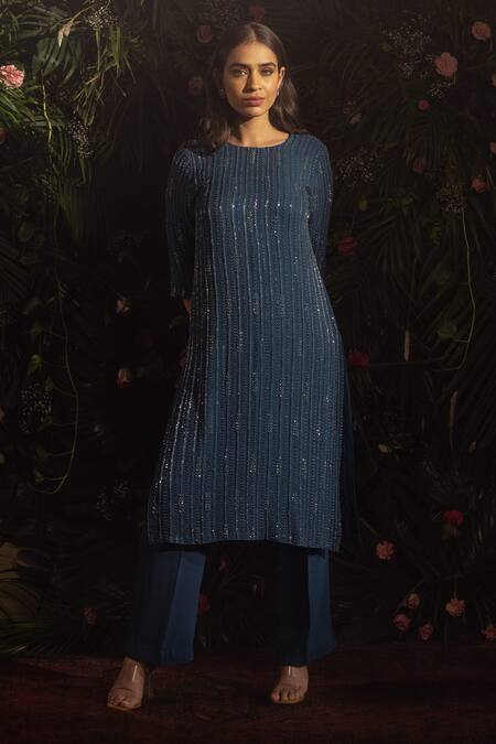 Buy Samatvam By Anjali Bhaskar Blue Georgette Embroidery Round Neck Daisha Kurta And Pant Set Online at Aza Fashions Buy_Samatvam By Anjali Bhaskar_Blue Georgette Embroidery Round Neck Daisha Kurta And Pant Set _Online_at_Aza_Fashions
