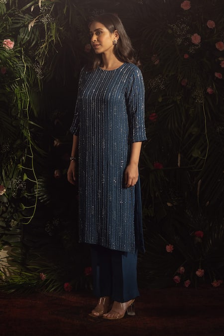 Shop Samatvam By Anjali Bhaskar Blue Georgette Embroidery Round Neck Daisha Kurta And Pant Set Online at Aza Fashions Shop_Samatvam By Anjali Bhaskar_Blue Georgette Embroidery Round Neck Daisha Kurta And Pant Set _Online_at_Aza_Fashions