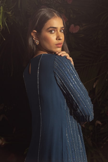 Buy Samatvam By Anjali Bhaskar Blue Georgette Embroidery Round Neck Daisha Kurta And Pant Set Buy_Samatvam By Anjali Bhaskar_Blue Georgette Embroidery Round Neck Daisha Kurta And Pant Set