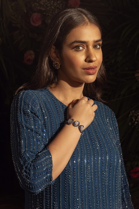 Shop Samatvam By Anjali Bhaskar Blue Georgette Embroidery Round Neck Daisha Kurta And Pant Set Shop_Samatvam By Anjali Bhaskar_Blue Georgette Embroidery Round Neck Daisha Kurta And Pant Set