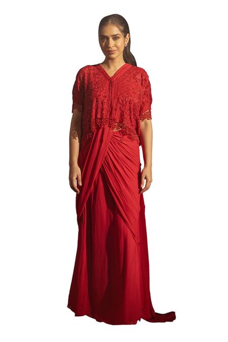 Samatvam By Anjali Bhaskar Red Georgette, Linen Beads, Cut Eeva Pre-draped Saree Set With Embroidered Cape Online at Aza Fashions Samatvam By Anjali Bhaskar_Red Georgette, Linen Beads, Cut Eeva Pre-draped Saree Set With Embroidered Cape _Online_at_Aza_Fashions