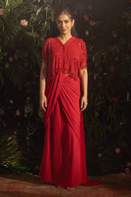 Buy Samatvam By Anjali Bhaskar Red Georgette, Linen Beads, Cut Eeva Pre-draped Saree Set With Embroidered Cape Online at Aza Fashions Buy_Samatvam By Anjali Bhaskar_Red Georgette, Linen Beads, Cut Eeva Pre-draped Saree Set With Embroidered Cape _Online_at_Aza_Fashions