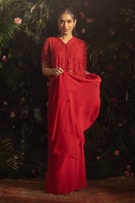 Shop Samatvam By Anjali Bhaskar Red Georgette, Linen Beads, Cut Eeva Pre-draped Saree Set With Embroidered Cape Online at Aza Fashions Shop_Samatvam By Anjali Bhaskar_Red Georgette, Linen Beads, Cut Eeva Pre-draped Saree Set With Embroidered Cape _Online_at_Aza_Fashions