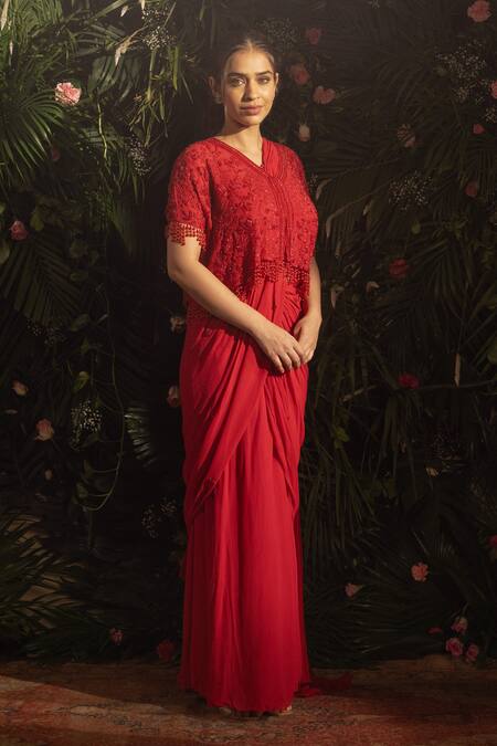 Samatvam By Anjali Bhaskar Red Georgette, Linen Beads, Cut Eeva Pre-draped Saree Set With Embroidered Cape at Aza Fashions Samatvam By Anjali Bhaskar_Red Georgette, Linen Beads, Cut Eeva Pre-draped Saree Set With Embroidered Cape _at_Aza_Fashions