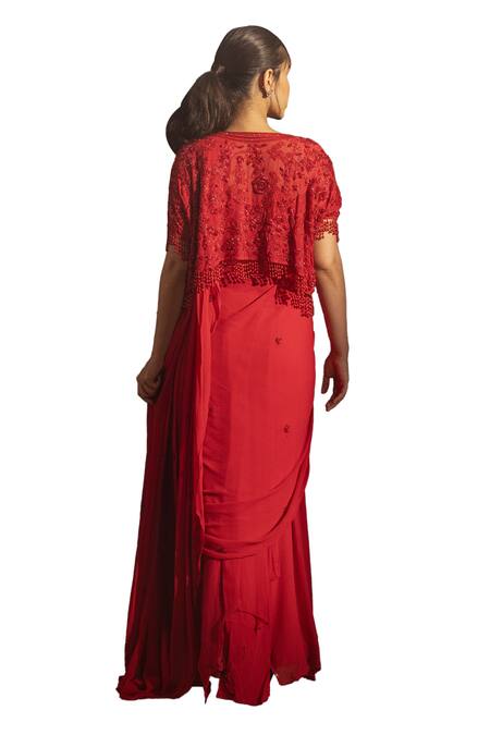 Buy Samatvam By Anjali Bhaskar Red Georgette, Linen Beads, Cut Eeva Pre-draped Saree Set With Embroidered Cape Buy_Samatvam By Anjali Bhaskar_Red Georgette, Linen Beads, Cut Eeva Pre-draped Saree Set With Embroidered Cape