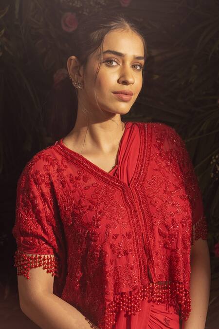 Shop Samatvam By Anjali Bhaskar Red Georgette, Linen Beads, Cut Eeva Pre-draped Saree Set With Embroidered Cape Shop_Samatvam By Anjali Bhaskar_Red Georgette, Linen Beads, Cut Eeva Pre-draped Saree Set With Embroidered Cape