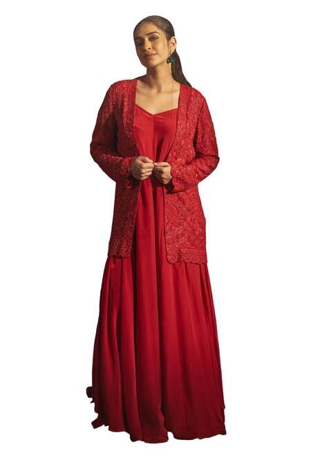Buy Samatvam By Anjali Bhaskar Red Crepe Beads V-, Open Ember Jumpsuit With Embroidered Jacket Online at Aza Fashions Buy_Samatvam By Anjali Bhaskar_Red Crepe Beads V-, Open Ember Jumpsuit With Embroidered Jacket _Online_at_Aza_Fashions