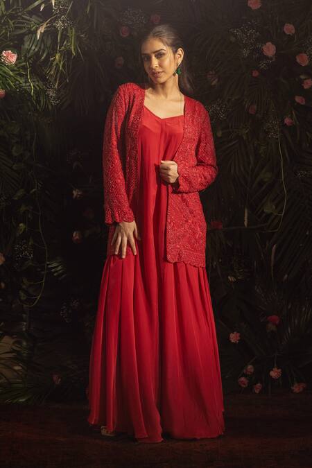 Shop Samatvam By Anjali Bhaskar Red Crepe Beads V-, Open Ember Jumpsuit With Embroidered Jacket Online at Aza Fashions Shop_Samatvam By Anjali Bhaskar_Red Crepe Beads V-, Open Ember Jumpsuit With Embroidered Jacket _Online_at_Aza_Fashions