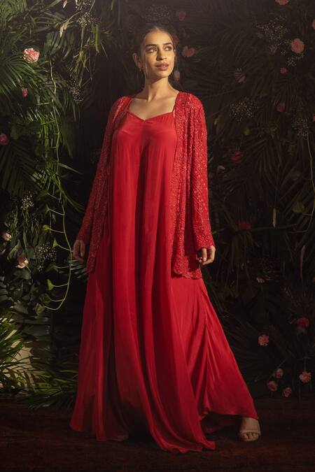 Samatvam By Anjali Bhaskar Red Crepe Beads V-, Open Ember Jumpsuit With Embroidered Jacket at Aza Fashions Samatvam By Anjali Bhaskar_Red Crepe Beads V-, Open Ember Jumpsuit With Embroidered Jacket _at_Aza_Fashions
