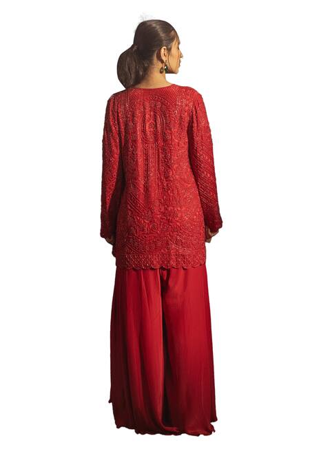 Buy Samatvam By Anjali Bhaskar Red Crepe Beads V-, Open Ember Jumpsuit With Embroidered Jacket Buy_Samatvam By Anjali Bhaskar_Red Crepe Beads V-, Open Ember Jumpsuit With Embroidered Jacket