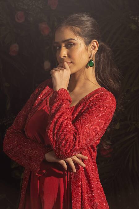 Shop Samatvam By Anjali Bhaskar Red Crepe Beads V-, Open Ember Jumpsuit With Embroidered Jacket Shop_Samatvam By Anjali Bhaskar_Red Crepe Beads V-, Open Ember Jumpsuit With Embroidered Jacket