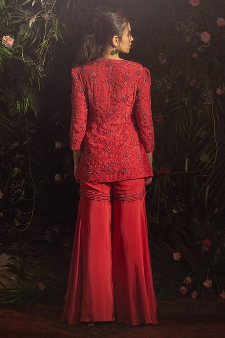 Shop Samatvam By Anjali Bhaskar Red Crepe Cut Work, Beads Split V-neck Floral Embroidered Anarkali And Sharara Set at Aza Fashions Shop_Samatvam By Anjali Bhaskar_Red Crepe Cut Work, Beads Split V-neck Floral Embroidered Anarkali And Sharara Set _at_Aza_Fashions