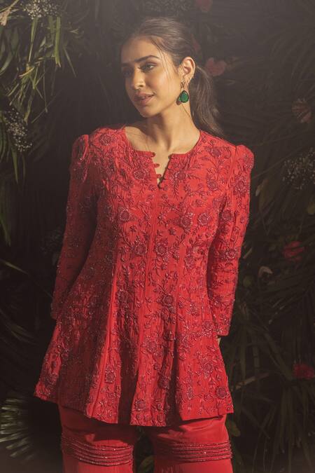 Samatvam By Anjali Bhaskar Red Crepe Cut Work, Beads Split V-neck Floral Embroidered Anarkali And Sharara Set Online at Aza Fashions Samatvam By Anjali Bhaskar_Red Crepe Cut Work, Beads Split V-neck Floral Embroidered Anarkali And Sharara Set _Online_at_Aza_Fashions