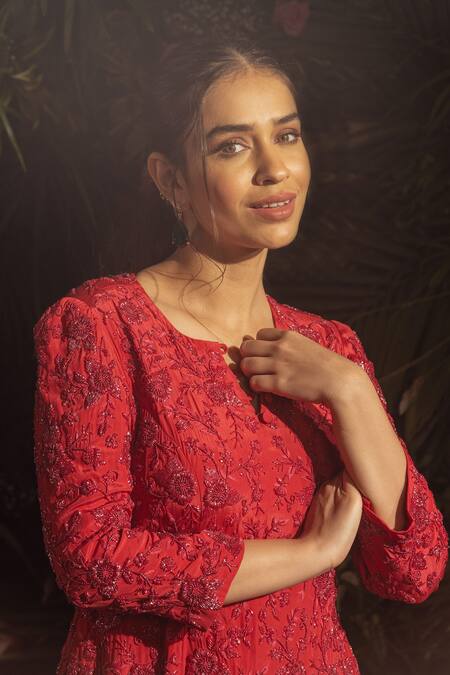 Buy Samatvam By Anjali Bhaskar Red Crepe Cut Work, Beads Split V-neck Floral Embroidered Anarkali And Sharara Set Online at Aza Fashions Buy_Samatvam By Anjali Bhaskar_Red Crepe Cut Work, Beads Split V-neck Floral Embroidered Anarkali And Sharara Set _Online_at_Aza_Fashions