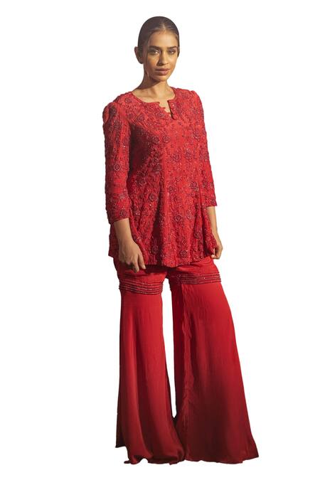 Shop Samatvam By Anjali Bhaskar Red Crepe Cut Work, Beads Split V-neck Floral Embroidered Anarkali And Sharara Set Online at Aza Fashions Shop_Samatvam By Anjali Bhaskar_Red Crepe Cut Work, Beads Split V-neck Floral Embroidered Anarkali And Sharara Set _Online_at_Aza_Fashions
