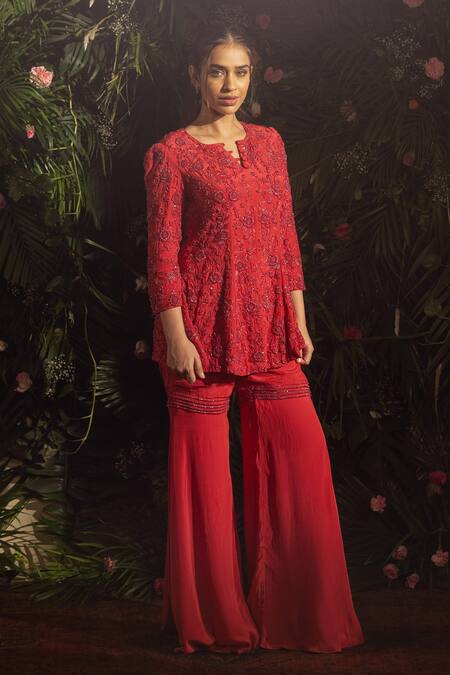 Samatvam By Anjali Bhaskar Red Crepe Cut Work, Beads Split V-neck Floral Embroidered Anarkali And Sharara Set at Aza Fashions Samatvam By Anjali Bhaskar_Red Crepe Cut Work, Beads Split V-neck Floral Embroidered Anarkali And Sharara Set _at_Aza_Fashions