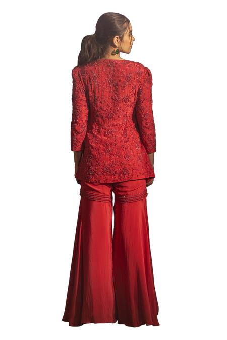 Buy Samatvam By Anjali Bhaskar Red Crepe Cut Work, Beads Split V-neck Floral Embroidered Anarkali And Sharara Set Buy_Samatvam By Anjali Bhaskar_Red Crepe Cut Work, Beads Split V-neck Floral Embroidered Anarkali And Sharara Set