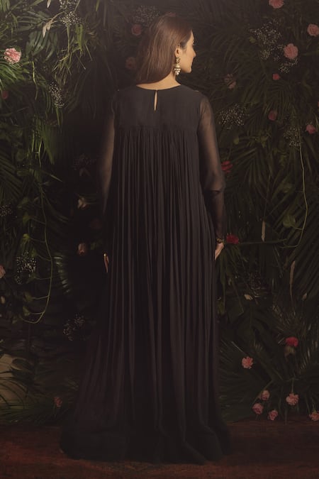 Shop Samatvam By Anjali Bhaskar Black Georgette, Linen Embroidery Round Neck Hadia Floral Anarkali at Aza Fashions Shop_Samatvam By Anjali Bhaskar_Black Georgette, Linen Embroidery Round Neck Hadia Floral Anarkali _at_Aza_Fashions