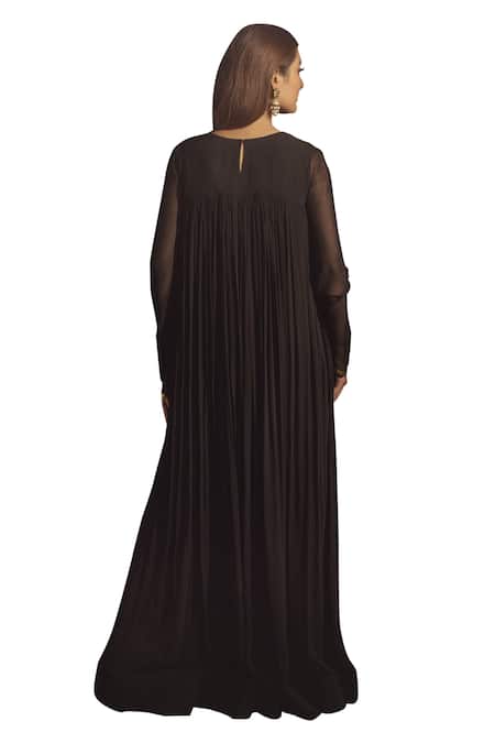 Shop Samatvam By Anjali Bhaskar Black Georgette, Linen Embroidery Round Neck Hadia Floral Anarkali Shop_Samatvam By Anjali Bhaskar_Black Georgette, Linen Embroidery Round Neck Hadia Floral Anarkali