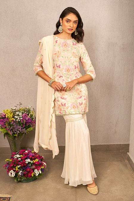 Buy Samatvam By Anjali Bhaskar Ivory Georgette, Linen Pearls, Embroidery Round Neck Iman Thread Kurta Set Online at Aza Fashions Buy_Samatvam By Anjali Bhaskar_Ivory Georgette, Linen Pearls, Embroidery Round Neck Iman Thread Kurta Set _Online_at_Aza_Fashions