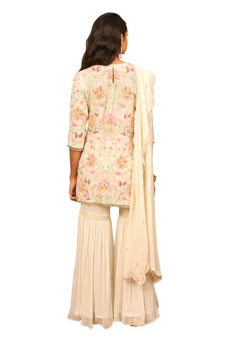Buy Samatvam By Anjali Bhaskar Ivory Georgette, Linen Pearls, Embroidery Round Neck Iman Thread Kurta Set Buy_Samatvam By Anjali Bhaskar_Ivory Georgette, Linen Pearls, Embroidery Round Neck Iman Thread Kurta Set