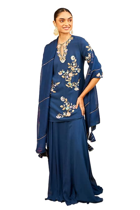 Buy Samatvam By Anjali Bhaskar Blue Georgette Embroidery Keyhole Neck Nura Floral Kurta Lehenga Set Online at Aza Fashions Buy_Samatvam By Anjali Bhaskar_Blue Georgette Embroidery Keyhole Neck Nura Floral Kurta Lehenga Set _Online_at_Aza_Fashions