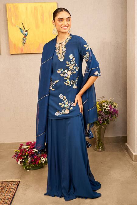 Shop Samatvam By Anjali Bhaskar Blue Georgette Embroidery Keyhole Neck Nura Floral Kurta Lehenga Set Online at Aza Fashions Shop_Samatvam By Anjali Bhaskar_Blue Georgette Embroidery Keyhole Neck Nura Floral Kurta Lehenga Set _Online_at_Aza_Fashions