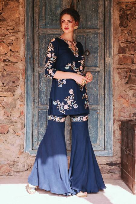 Shop Samatvam By Anjali Bhaskar Blue Georgette Embroidery Keyhole Neck Nura Floral Kurta Lehenga Set Shop_Samatvam By Anjali Bhaskar_Blue Georgette Embroidery Keyhole Neck Nura Floral Kurta Lehenga Set