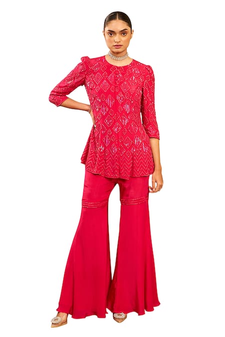 Samatvam By Anjali Bhaskar Pink Crepe, Cotton Beads Round Neck Salah Geometric Pattern Top And Sharara Set Online at Aza Fashions Samatvam By Anjali Bhaskar_Pink Crepe, Cotton Beads Round Neck Salah Geometric Pattern Top And Sharara Set _Online_at_Aza_Fashions