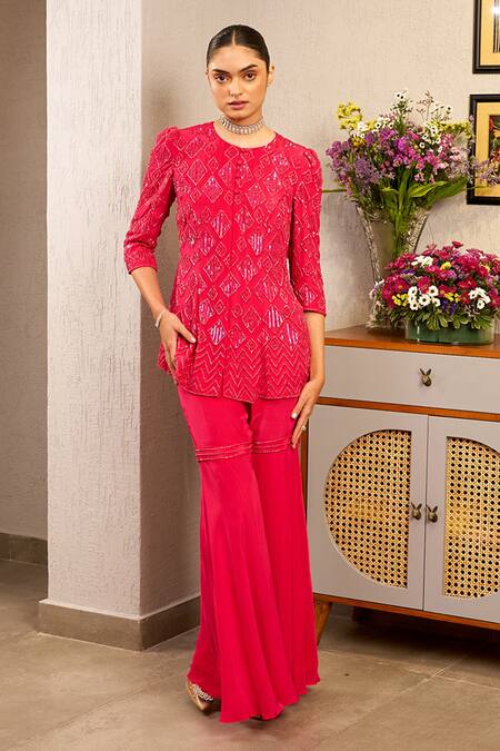 Buy Samatvam By Anjali Bhaskar Pink Crepe, Cotton Beads Round Neck Salah Geometric Pattern Top And Sharara Set Online at Aza Fashions Buy_Samatvam By Anjali Bhaskar_Pink Crepe, Cotton Beads Round Neck Salah Geometric Pattern Top And Sharara Set _Online_at_Aza_Fashions