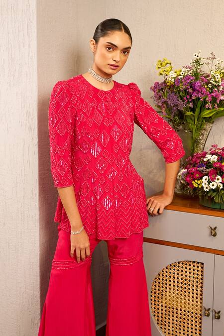 Samatvam By Anjali Bhaskar Pink Crepe, Cotton Beads Round Neck Salah Geometric Pattern Top And Sharara Set at Aza Fashions Samatvam By Anjali Bhaskar_Pink Crepe, Cotton Beads Round Neck Salah Geometric Pattern Top And Sharara Set _at_Aza_Fashions