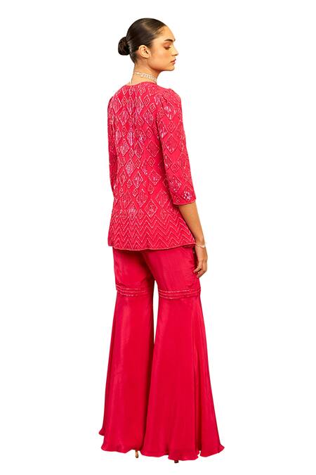 Buy Samatvam By Anjali Bhaskar Pink Crepe, Cotton Beads Round Neck Salah Geometric Pattern Top And Sharara Set Buy_Samatvam By Anjali Bhaskar_Pink Crepe, Cotton Beads Round Neck Salah Geometric Pattern Top And Sharara Set