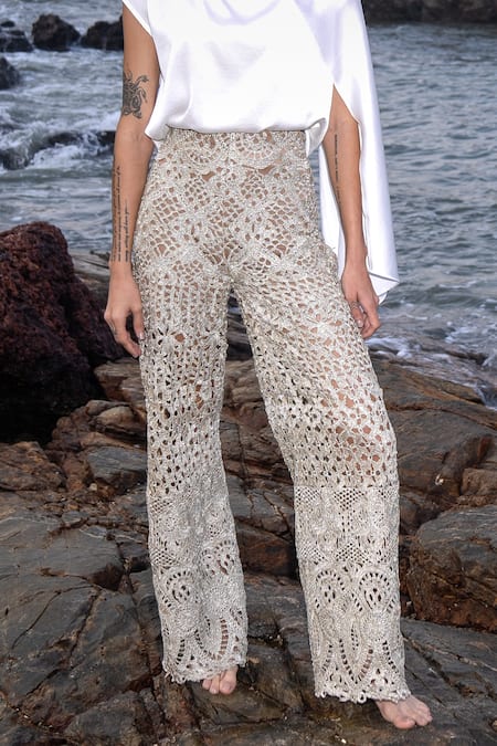 Dash And Dot_Rose Gold 100% Embroidered Lace Pant _Online_at_Aza_Fashions