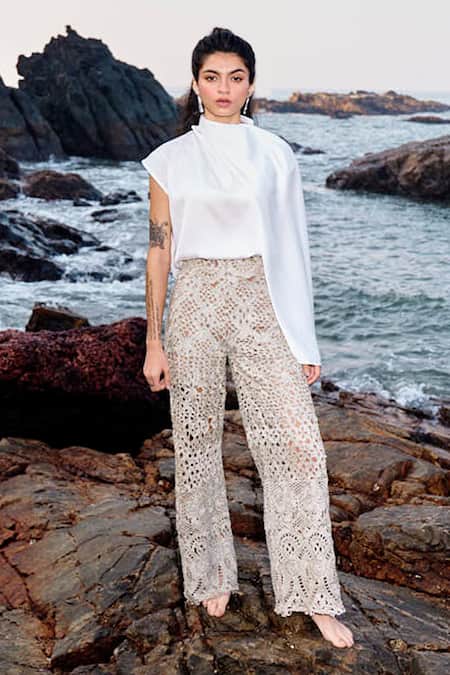 Buy_Dash And Dot_Rose Gold 100% Embroidered Lace Pant _Online_at_Aza_Fashions