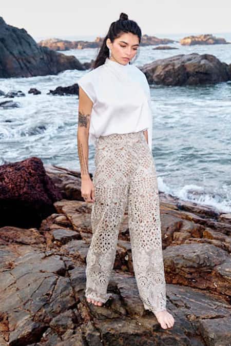 Dash And Dot_Rose Gold 100% Embroidered Lace Pant _at_Aza_Fashions
