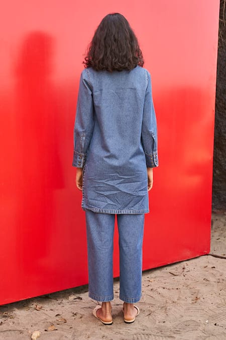 Shop Dash And Dot Blue Collared Indigo Washed Denim Top And Pant Set at Aza Fashions Shop_Dash And Dot_Blue Collared Indigo Washed Denim Top And Pant Set _at_Aza_Fashions