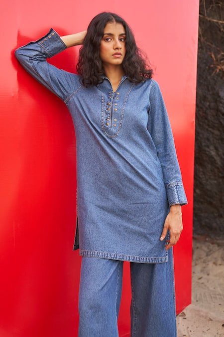 Dash And Dot Blue Collared Indigo Washed Denim Top And Pant Set Online at Aza Fashions Dash And Dot_Blue Collared Indigo Washed Denim Top And Pant Set _Online_at_Aza_Fashions