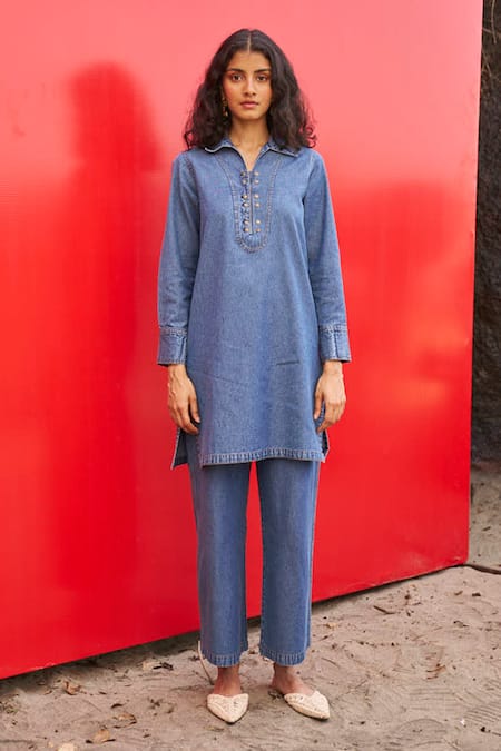 Buy Dash And Dot Blue Collared Indigo Washed Denim Top And Pant Set Online at Aza Fashions Buy_Dash And Dot_Blue Collared Indigo Washed Denim Top And Pant Set _Online_at_Aza_Fashions