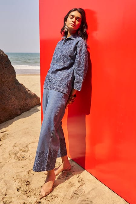 Dash And Dot Blue Collared Floral Embroidered Denim Top And Pant Set Online at Aza Fashions Dash And Dot_Blue Collared Floral Embroidered Denim Top And Pant Set _Online_at_Aza_Fashions