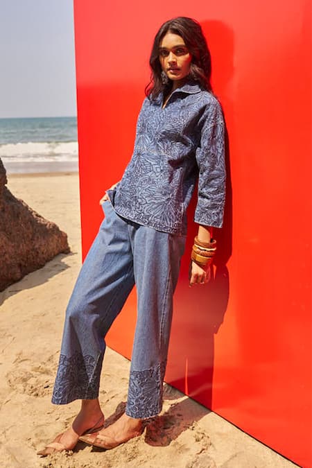 Buy Dash And Dot Blue Collared Floral Embroidered Denim Top And Pant Set Online at Aza Fashions Buy_Dash And Dot_Blue Collared Floral Embroidered Denim Top And Pant Set _Online_at_Aza_Fashions