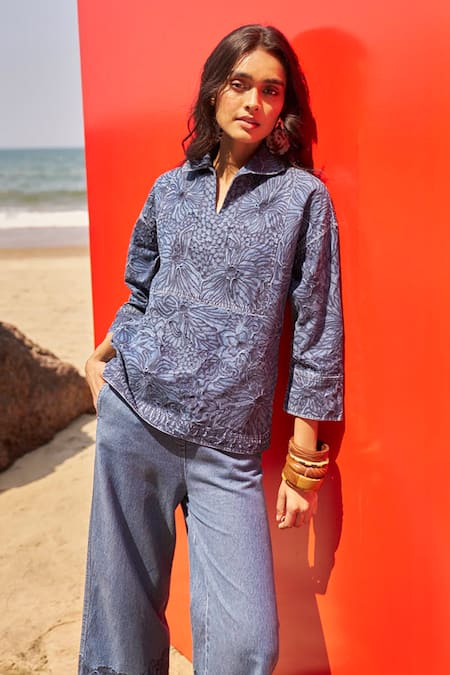 Shop Dash And Dot Blue Collared Floral Embroidered Denim Top And Pant Set Online at Aza Fashions Shop_Dash And Dot_Blue Collared Floral Embroidered Denim Top And Pant Set _Online_at_Aza_Fashions