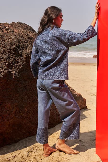 Dash And Dot Blue Collared Floral Embroidered Denim Top And Pant Set at Aza Fashions Dash And Dot_Blue Collared Floral Embroidered Denim Top And Pant Set _at_Aza_Fashions