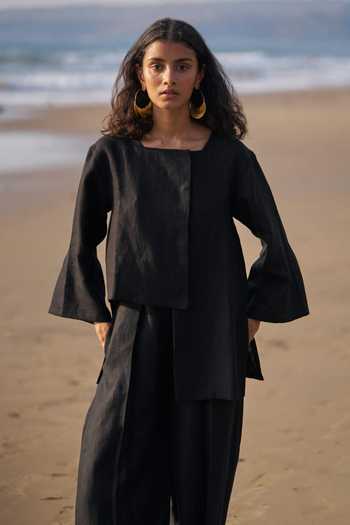 Buy_Dash And Dot_Black Linen Square Neck Uneven Hem Shirt And Pant Co-ord Set _Online_at_Aza_Fashions