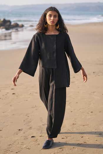 Shop_Dash And Dot_Black Linen Square Neck Uneven Hem Shirt And Pant Co-ord Set _Online_at_Aza_Fashions